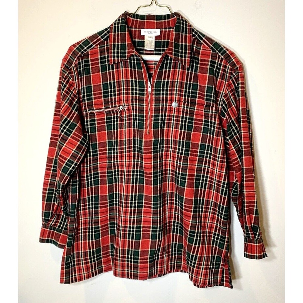 Jones‎ NY Flannel Popover Top Womens Medium Red Plaid Quarter Zip 100% Cotton